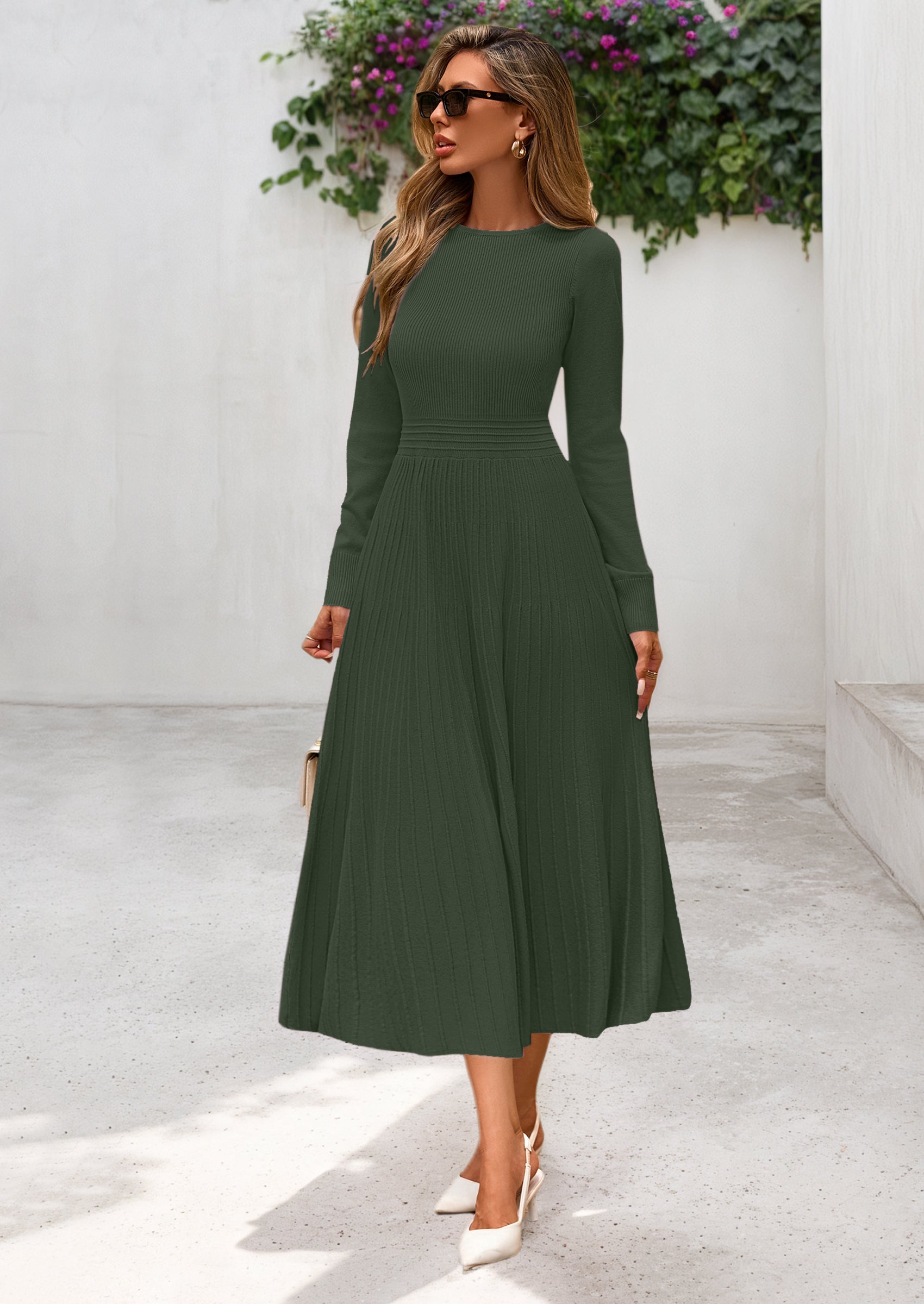 PRETTYGARDEN Women's Long Sleeve Midi Sweater Dress Fall Crewneck Knit A Line Pleated Wedding Guest Winter Dresses