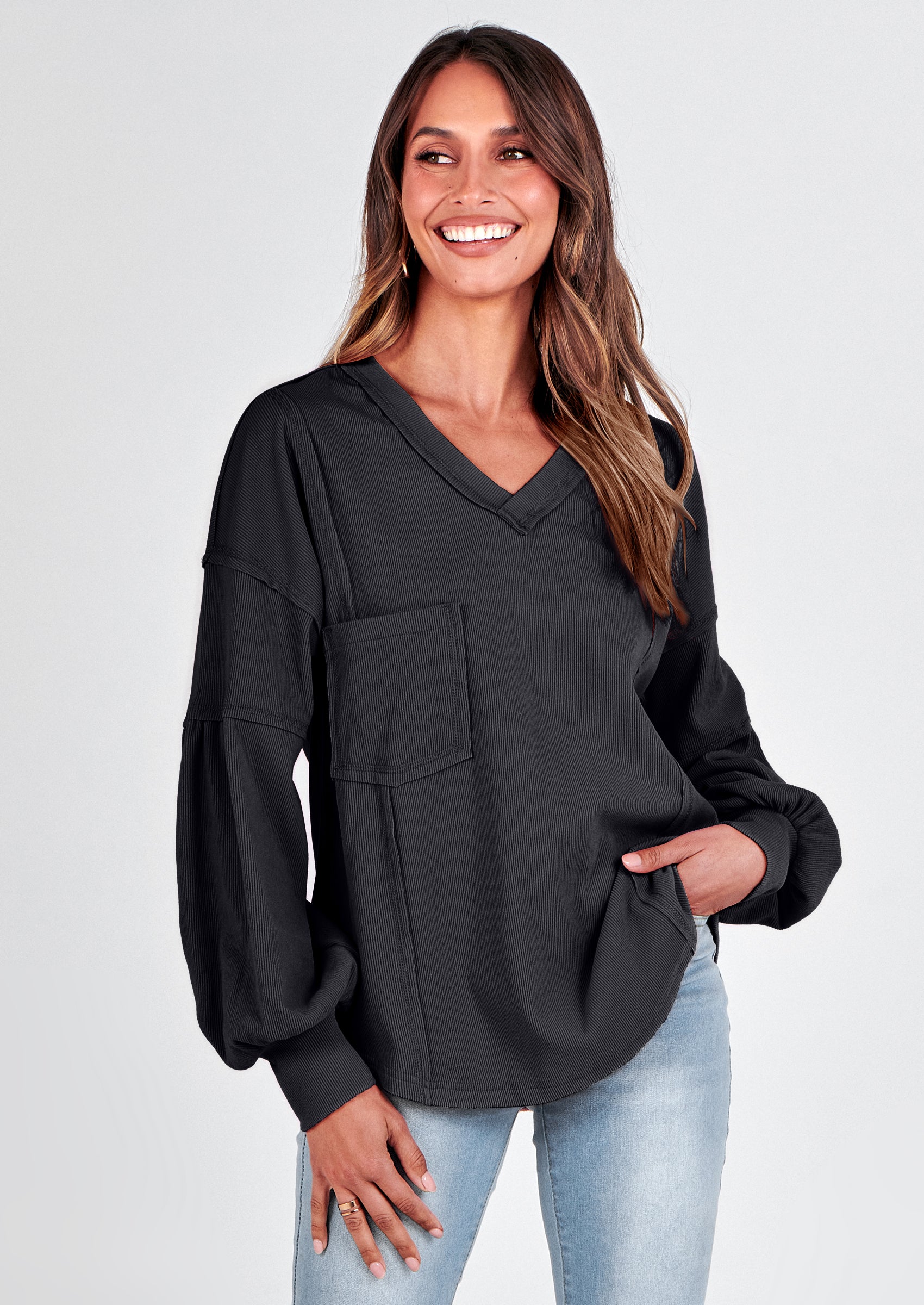 BTFBM Women's Ribbed Long Sleeve Tops Summer Spring Pullover Knit Casual V Neck Blouses Trendy Loose Fit Tunic Top