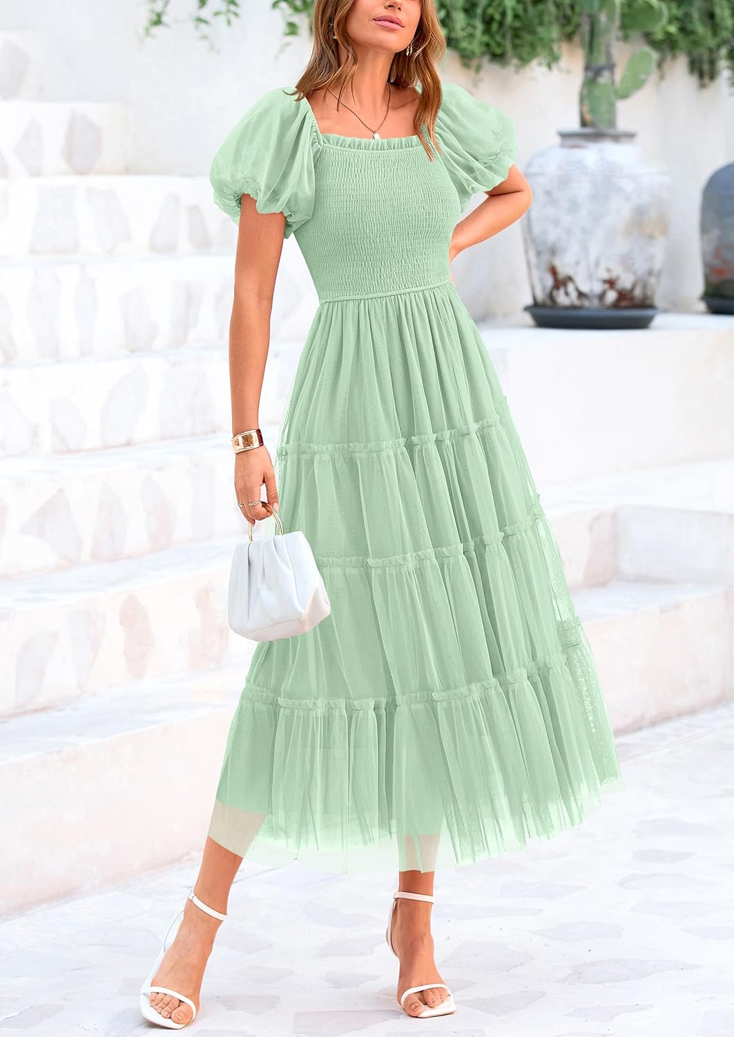 Women's Smocked Midi Tulle Dress 2025 Summer Puffy Short Sleeve Square Neck Ruffle Wedding Guest Party Dresses