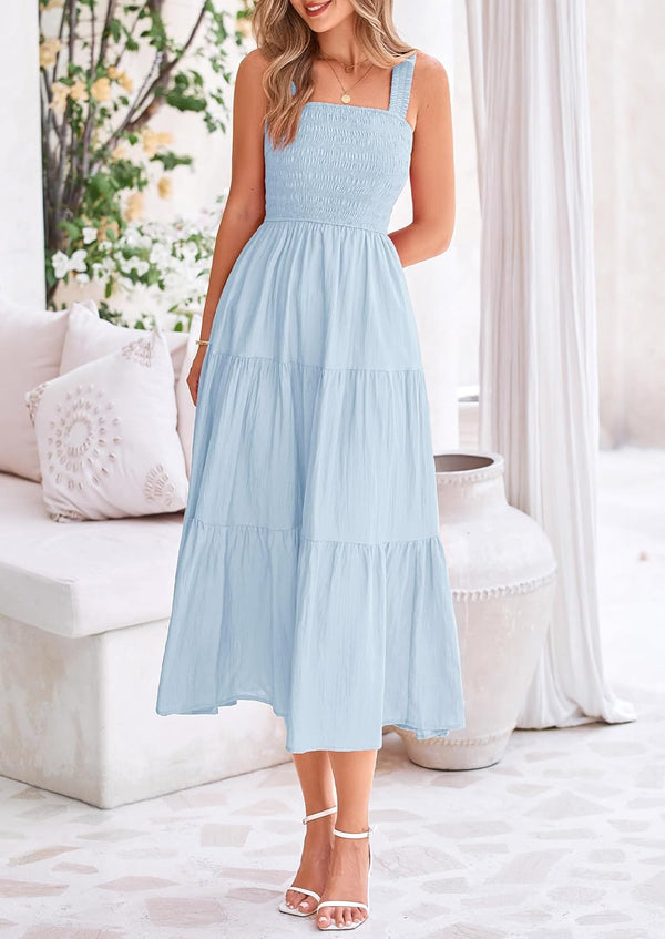 Womens Smocked Summer  Ruffle A Line Long Flowy Dresses Cute Sleeveless Beach Sundress Midi Dress