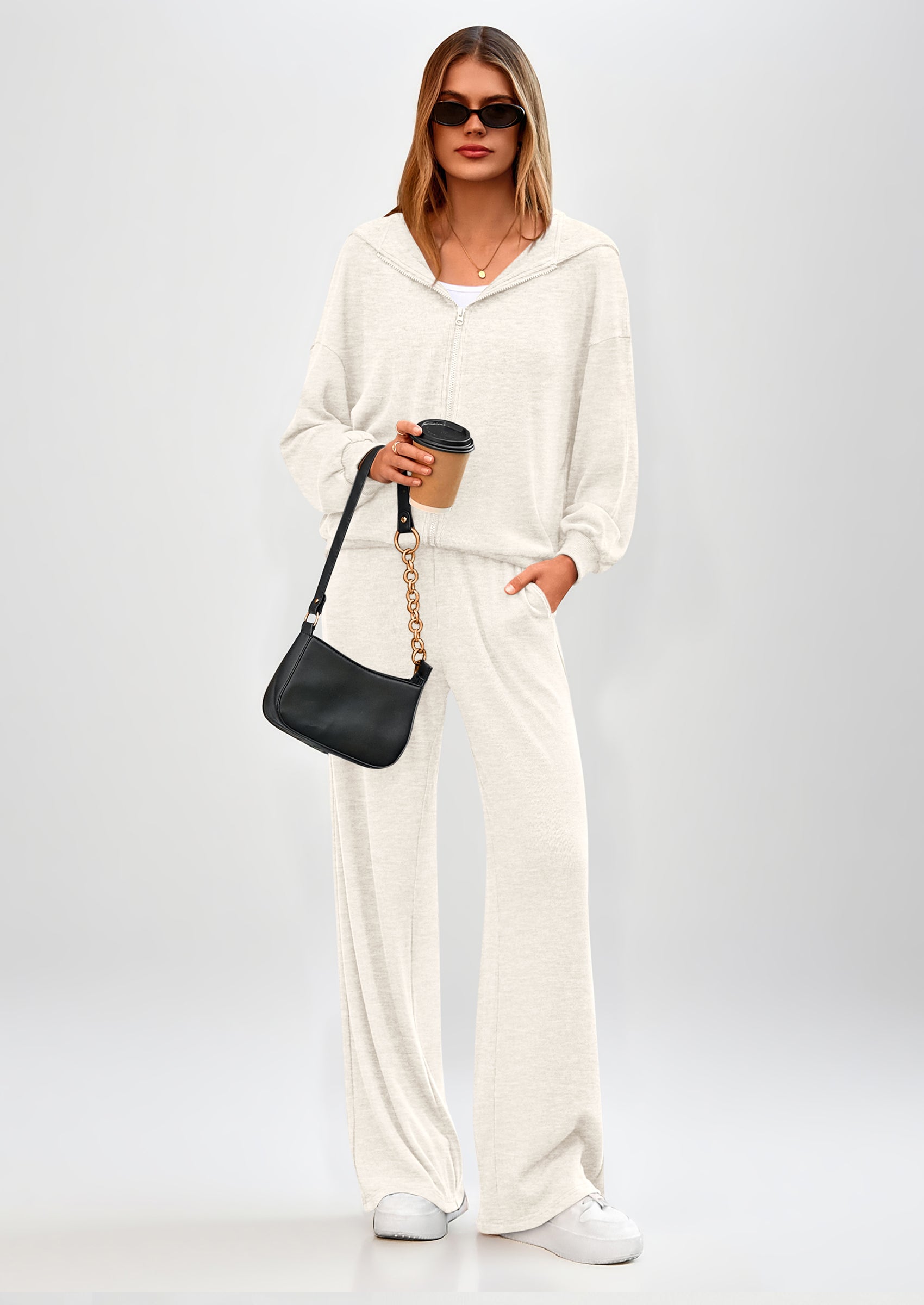 PRETTYGARDEN Women's 2 Piece Fall Lounge Sets Zip Up Hoodie Wide Leg Pants Tracksuit Matching Travel Outfits Clothes