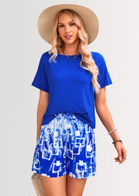 PRETTYGARDEN Women's Summer 2 Piece Outfits Lounge Sets Short Sleeve Tee Shirts Tops Blouses Pockets Printed Shorts Tracksuit