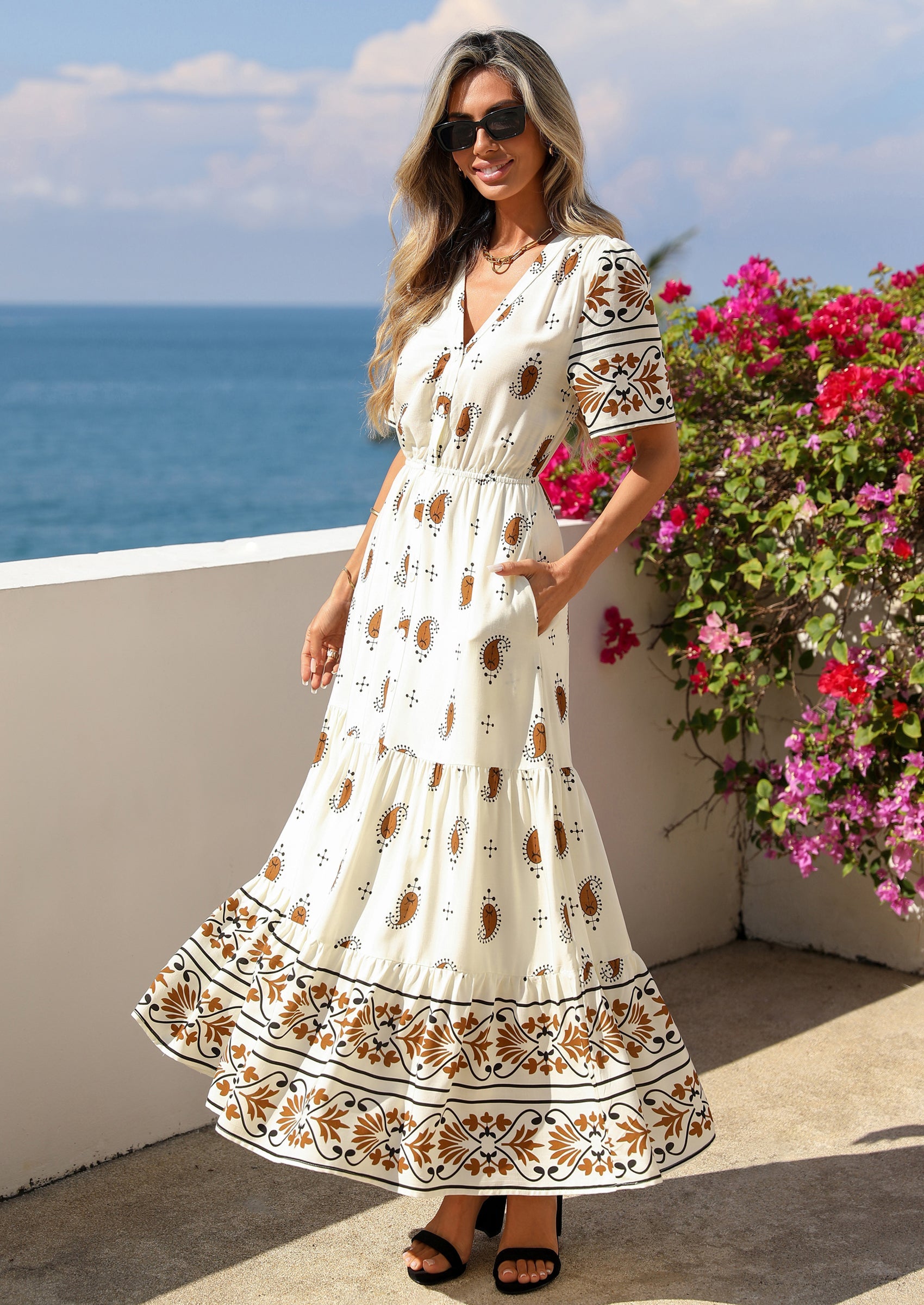 PRETTYGARDEN Womens Summer Boho Maxi Dress Trendy Short Sleeve V Neck Flowy Beach Floral Dresses with Pockets PRETTYGARDEN