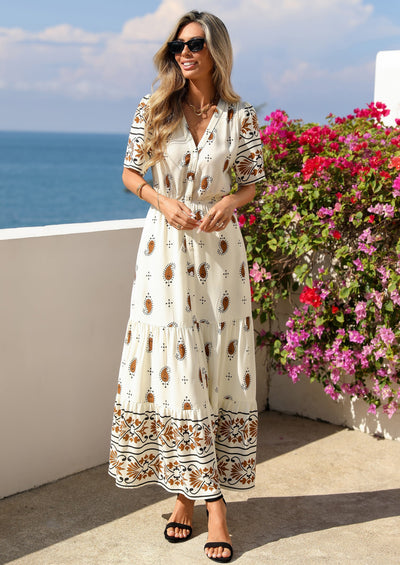 PRETTYGARDEN Womens Summer Boho Maxi Dress Trendy Short Sleeve V Neck Flowy Beach Floral Dresses with Pockets PRETTYGARDEN