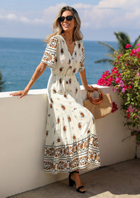 PRETTYGARDEN Womens Summer Boho Maxi Dress Trendy Short Sleeve V Neck Flowy Beach Floral Dresses with Pockets PRETTYGARDEN