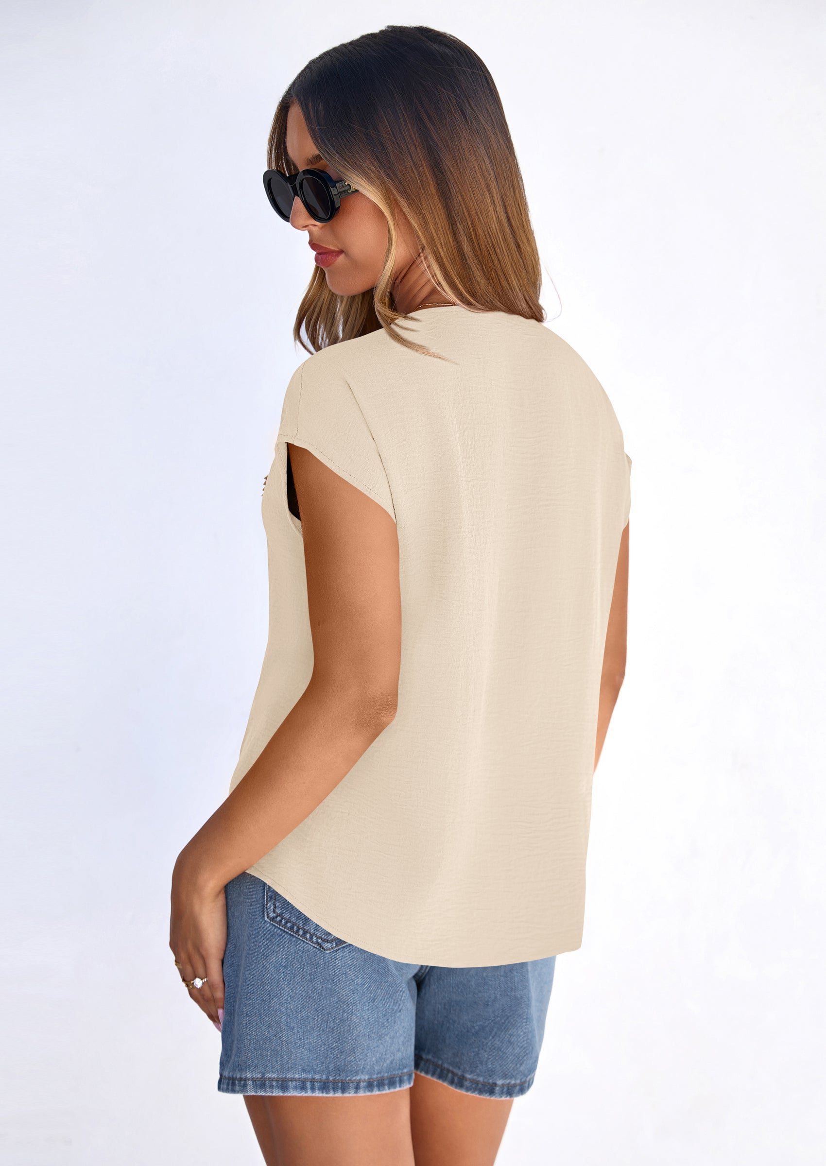 PRETTYGARDEN Spring Tops for Women Summer Fashion Clothes Dressy Casual Blouses Cap Sleeve V Neck Shirts Work Outfits PRETTYGARDEN