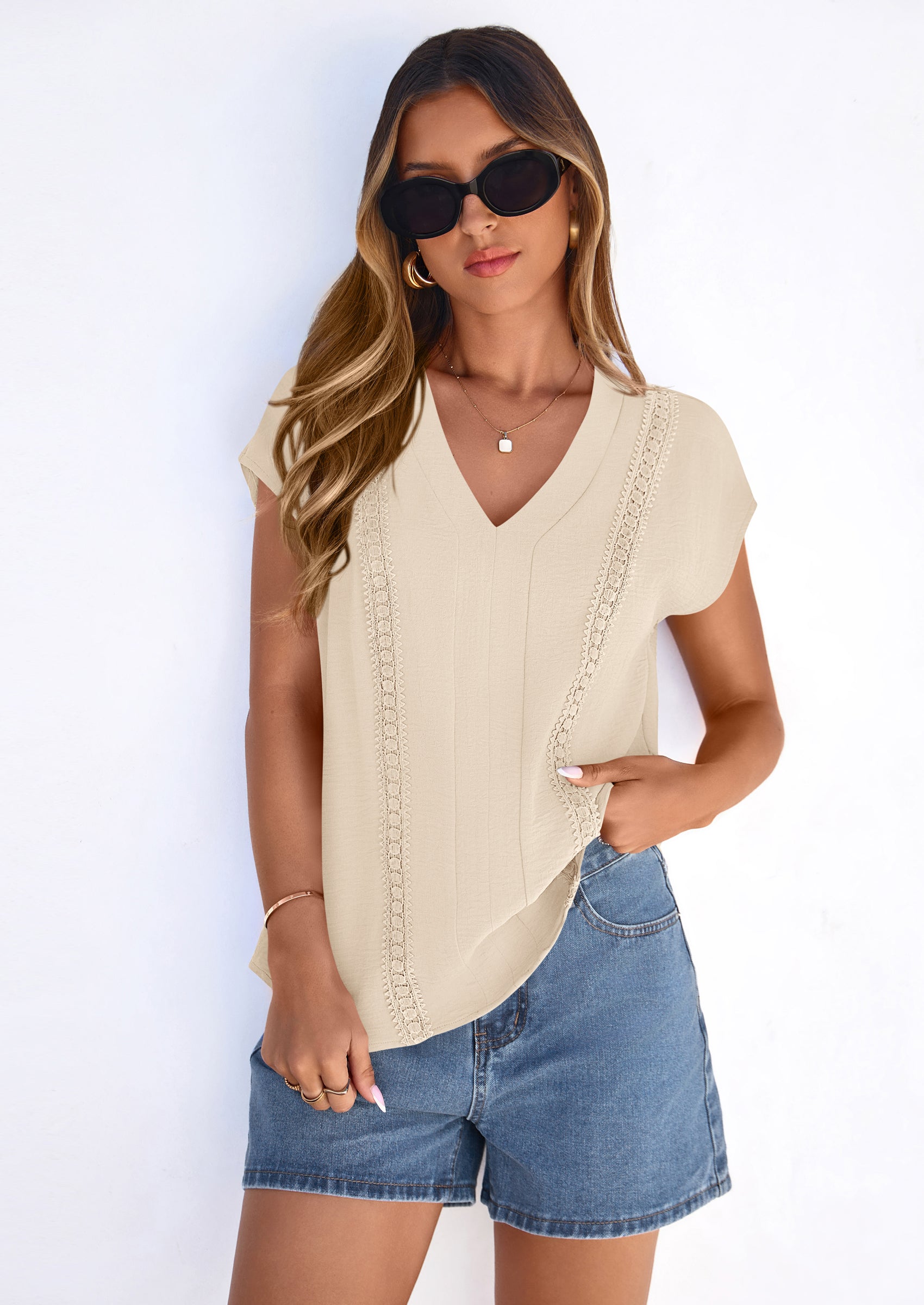 PRETTYGARDEN Spring Tops for Women Summer Fashion Clothes Dressy Casual Blouses Cap Sleeve V Neck Shirts Work Outfits PRETTYGARDEN