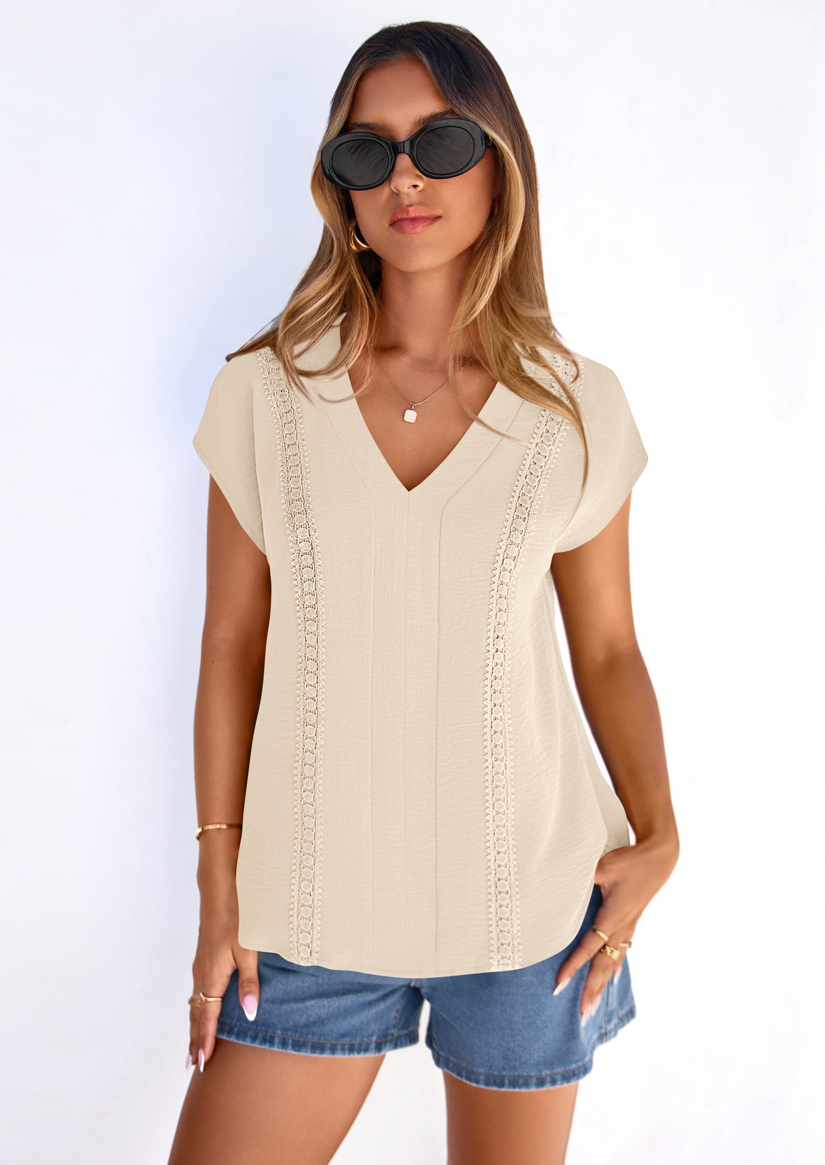 PRETTYGARDEN Spring Tops for Women Summer Fashion Clothes Dressy Casual Blouses Cap Sleeve V Neck Shirts Work Outfits PRETTYGARDEN