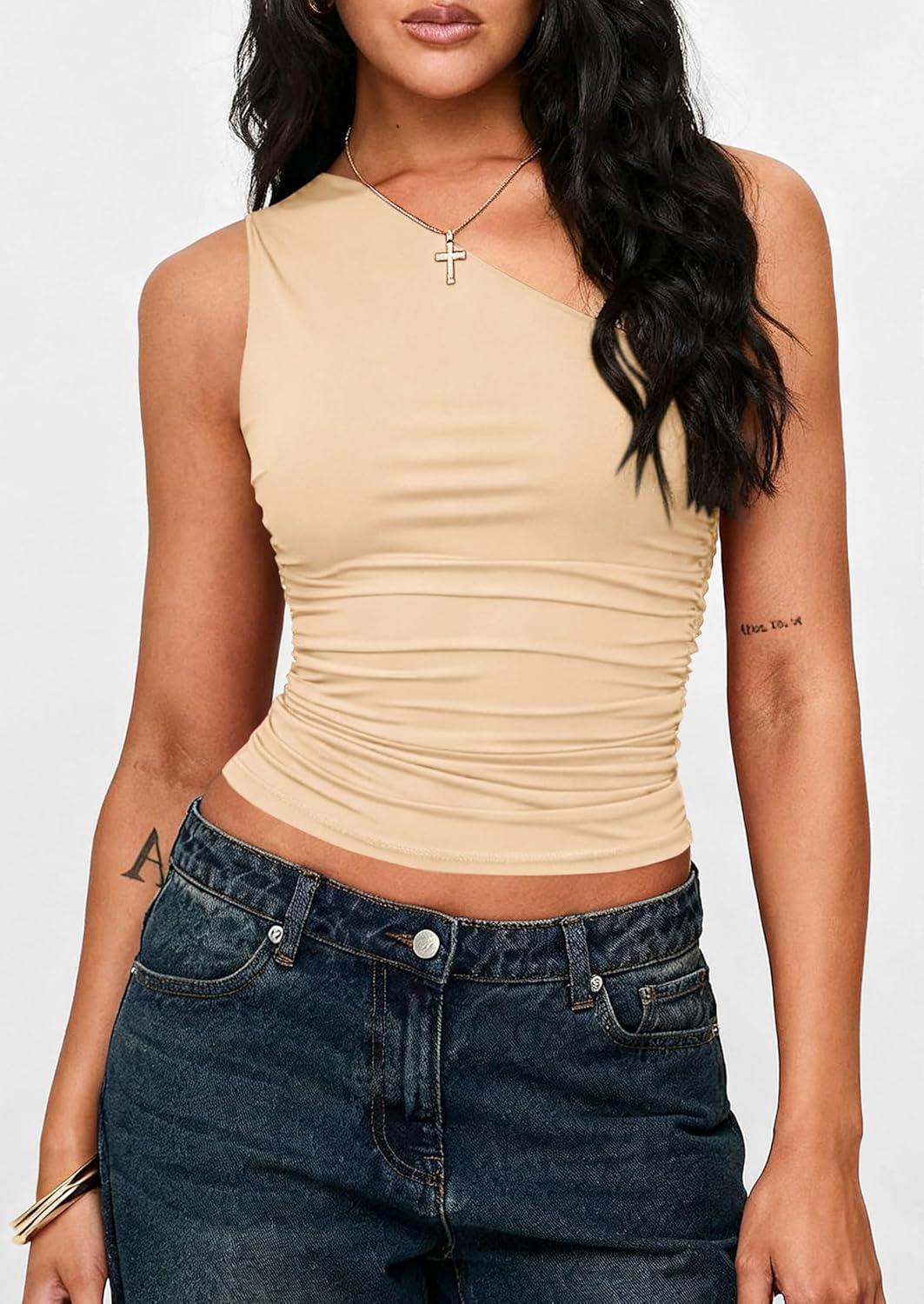 PRETTYGARDEN Womens Sleeveless One Shoulder Tank Top Ruched Slim Fit Shirts Basic Crop Y2k Tops 2026 Spring Fashion Clothing mysite