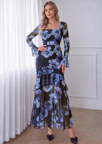 PRETTYGARDEN Womens Floral Long Sleeve Dress A Line Mesh Fall Maxi Dresses | Sheer Sleeve & Bell Cuffs, Lined, High Waist & Tiered Ruffle, Square Neck, Flowy Boho Dress, Cocktail Wedding Guest Dresses