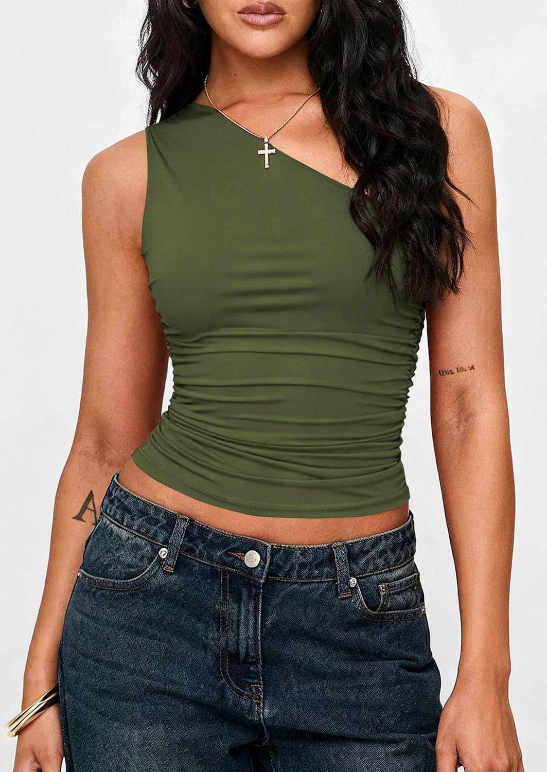 PRETTYGARDEN Womens Sleeveless One Shoulder Tank Top Ruched Slim Fit Shirts Basic Crop Y2k Tops 2026 Spring Fashion Clothing mysite