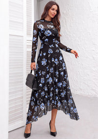 PRETTYGARDEN Women's Floral Mesh Midi Dress | Fall Wedding Guest Dresses, Sheer Long Sleeve, Mock Neck, A-line, Fit & Flare, Cocktail Holiday Party, Date Night Outfits