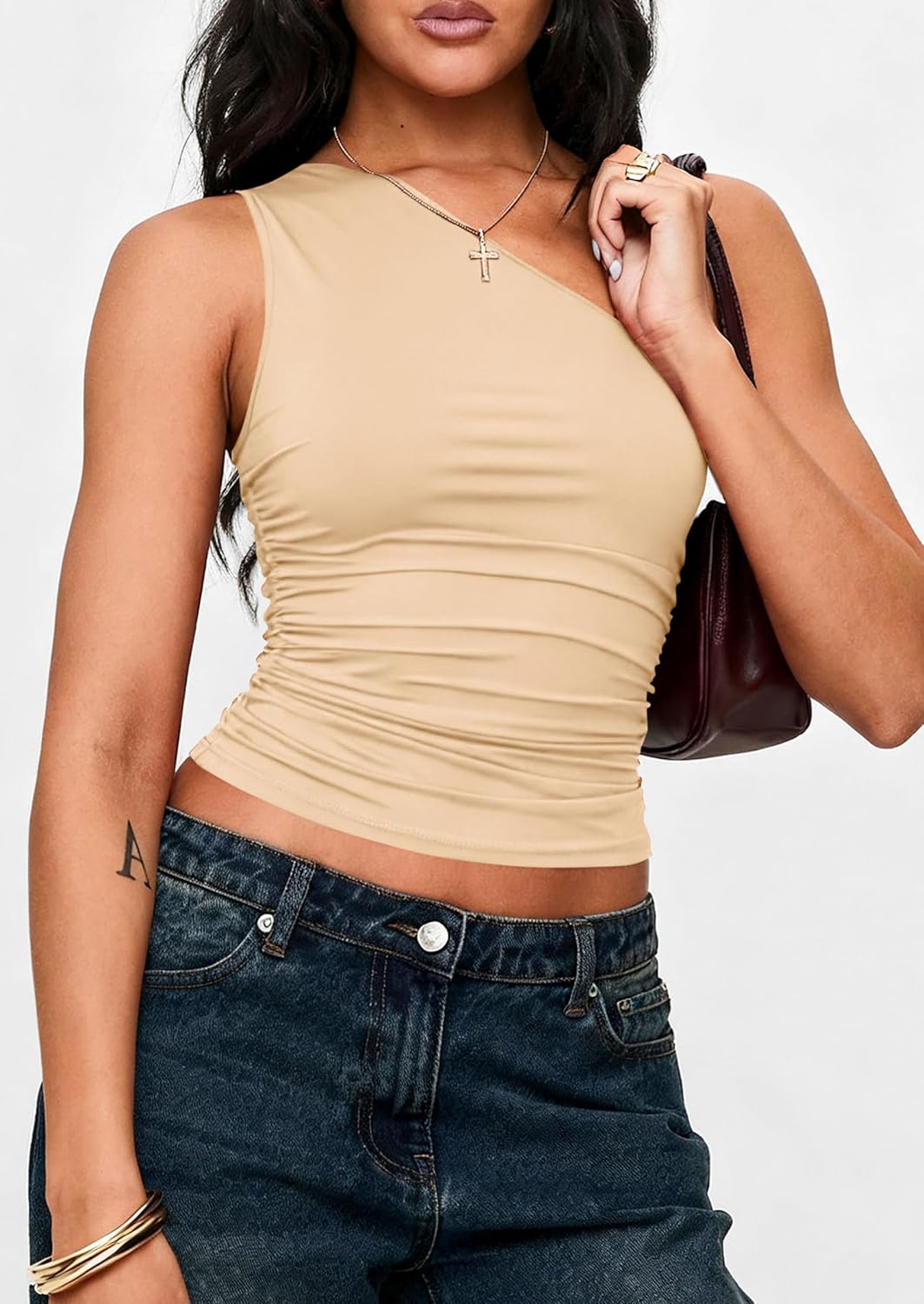 PRETTYGARDEN Womens Sleeveless One Shoulder Tank Top Ruched Slim Fit Shirts Basic Crop Y2k Tops 2026 Spring Fashion Clothing mysite