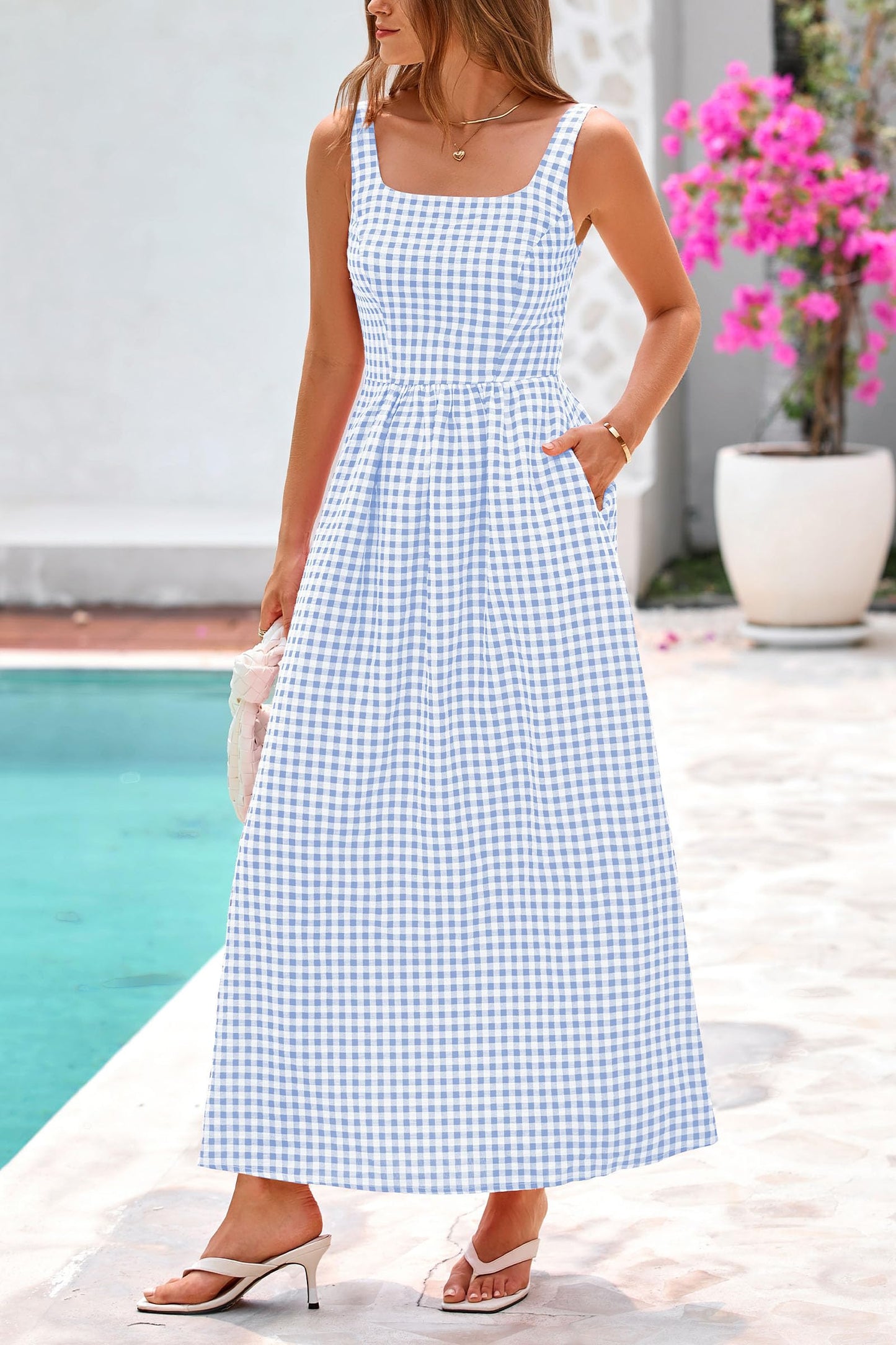 Women's Summer Spaghetti Strap Maxi Dresses Plaid Square Neck A Line Smocked Casual Vacation Long Sundress