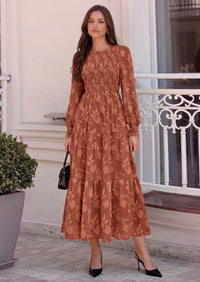 PRETTYGARDEN Fall Floral Long Sleeve Wedding Guest Dress for Women Pockets | Casual Textured Jacquard Smocked High Waist A-line Boho Flowy Midi Dress, Semi Formal Cocktail Dresses for Women 2026