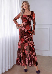 PRETTYGARDEN Womens Floral Long Sleeve Dress A Line Mesh Fall Maxi Dresses | Sheer Sleeve & Bell Cuffs, Lined, High Waist & Tiered Ruffle, Square Neck, Flowy Boho Dress, Cocktail Wedding Guest Dresses
