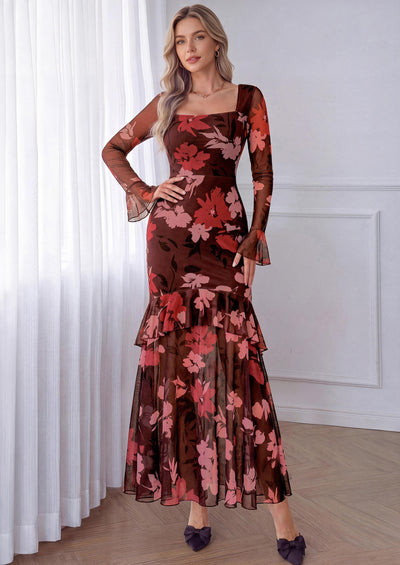 PRETTYGARDEN Womens Floral Long Sleeve Dress A Line Mesh Fall Maxi Dresses | Sheer Sleeve & Bell Cuffs, Lined, High Waist & Tiered Ruffle, Square Neck, Flowy Boho Dress, Cocktail Wedding Guest Dresses