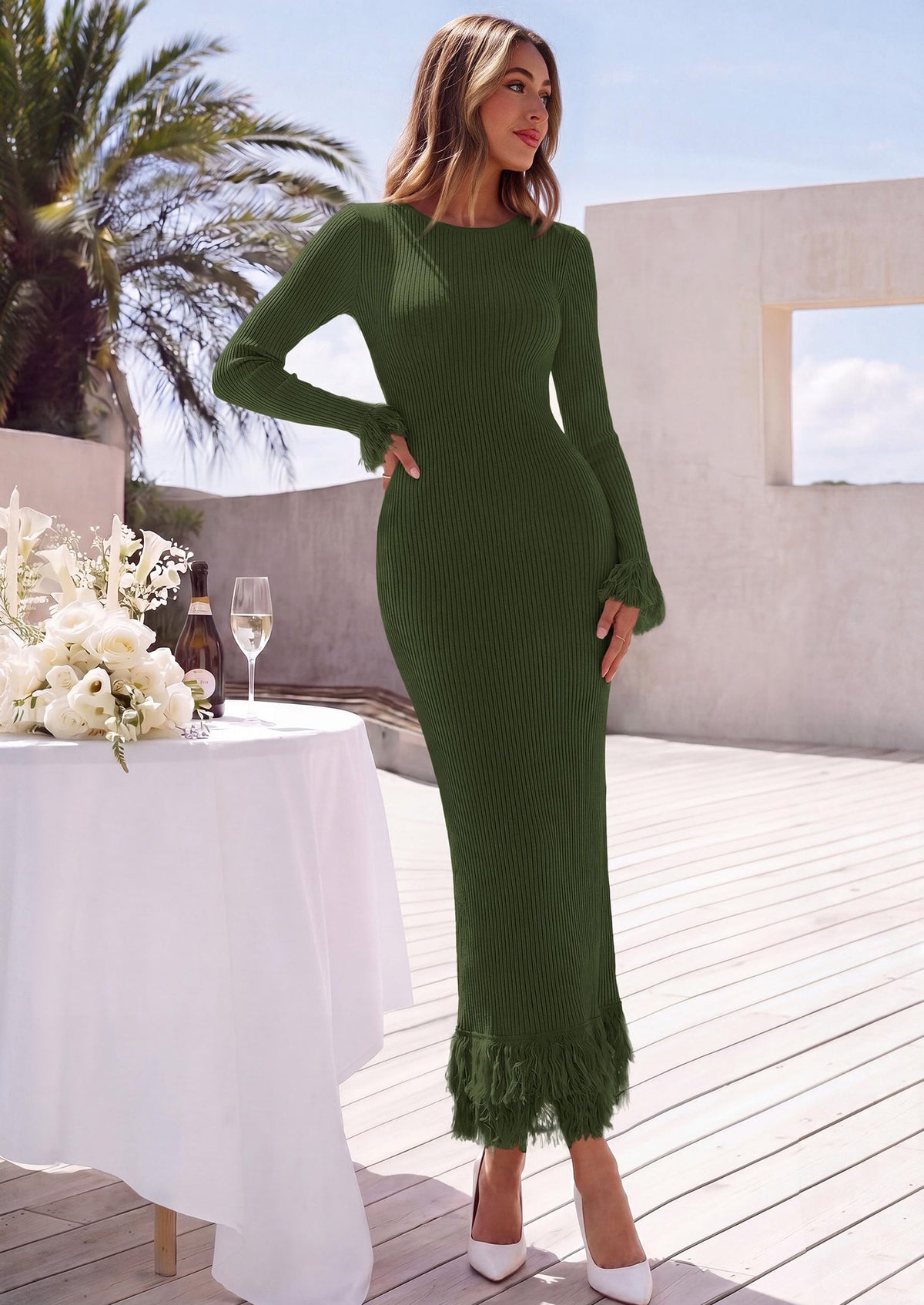 PRETTYGARDEN Womens Long Sleeve Bodycon Sweater Dress  Stretchy Ribbed Knit,Fringe Trim Cuffs & Hem,Slim Fit Crewneck,Date Night Outfits,Fall Winter Wedding Guest Cocktail Dresses