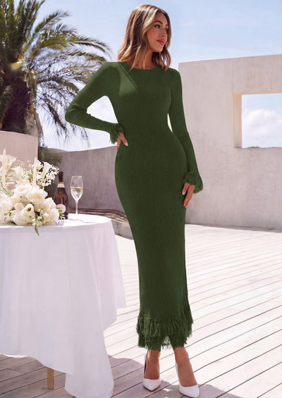 PRETTYGARDEN Womens Long Sleeve Bodycon Sweater Dress  Stretchy Ribbed Knit,Fringe Trim Cuffs & Hem,Slim Fit Crewneck,Date Night Outfits,Fall Winter Wedding Guest Cocktail Dresses