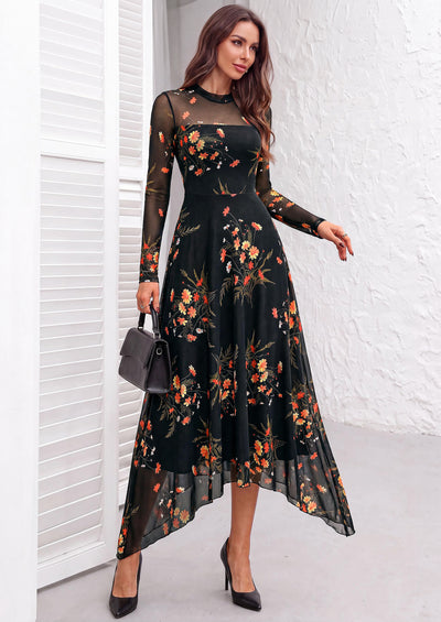 PRETTYGARDEN Women's Floral Mesh Midi Dress | Fall Wedding Guest Dresses, Sheer Long Sleeve, Mock Neck, A-line, Fit & Flare, Cocktail Holiday Party, Date Night Outfits
