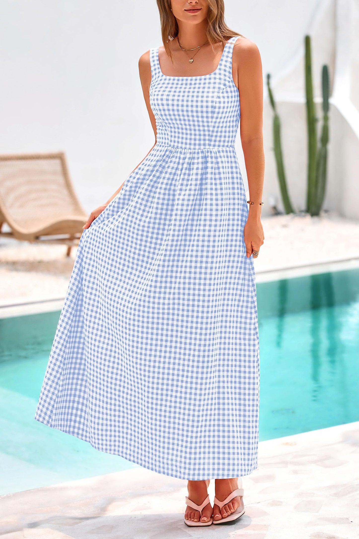 Women's Summer Spaghetti Strap Maxi Dresses Plaid Square Neck A Line Smocked Casual Vacation Long Sundress