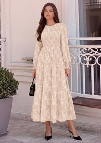 PRETTYGARDEN Fall Floral Long Sleeve Wedding Guest Dress for Women Pockets | Casual Textured Jacquard Smocked High Waist A-line Boho Flowy Midi Dress, Semi Formal Cocktail Dresses for Women 2026