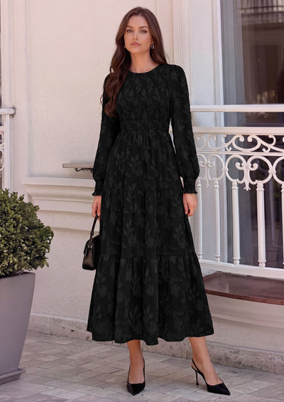 PRETTYGARDEN Fall Floral Long Sleeve Wedding Guest Dress for Women Pockets | Casual Textured Jacquard Smocked High Waist A-line Boho Flowy Midi Dress, Semi Formal Cocktail Dresses for Women 2026