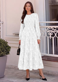 PRETTYGARDEN Fall Floral Long Sleeve Wedding Guest Dress for Women Pockets | Casual Textured Jacquard Smocked High Waist A-line Boho Flowy Midi Dress, Semi Formal Cocktail Dresses for Women 2026