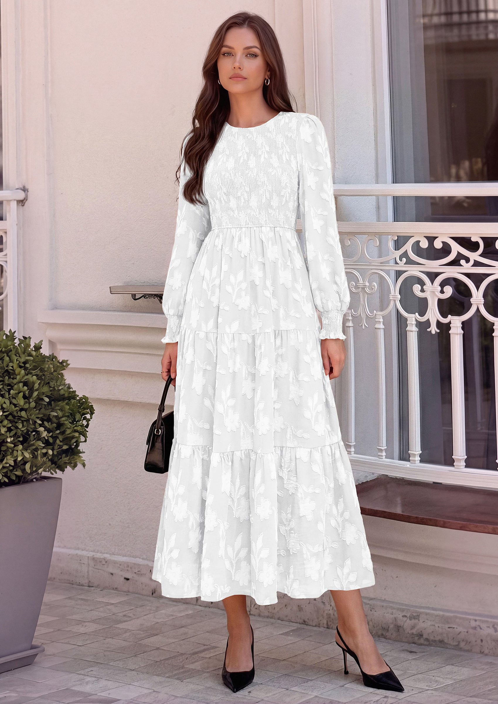 PRETTYGARDEN Fall Floral Long Sleeve Wedding Guest Dress for Women Pockets | Casual Textured Jacquard Smocked High Waist A-line Boho Flowy Midi Dress, Semi Formal Cocktail Dresses for Women 2026