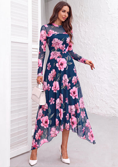 PRETTYGARDEN Women's Floral Mesh Midi Dress | Fall Wedding Guest Dresses, Sheer Long Sleeve, Mock Neck, A-line, Fit & Flare, Cocktail Holiday Party, Date Night Outfits