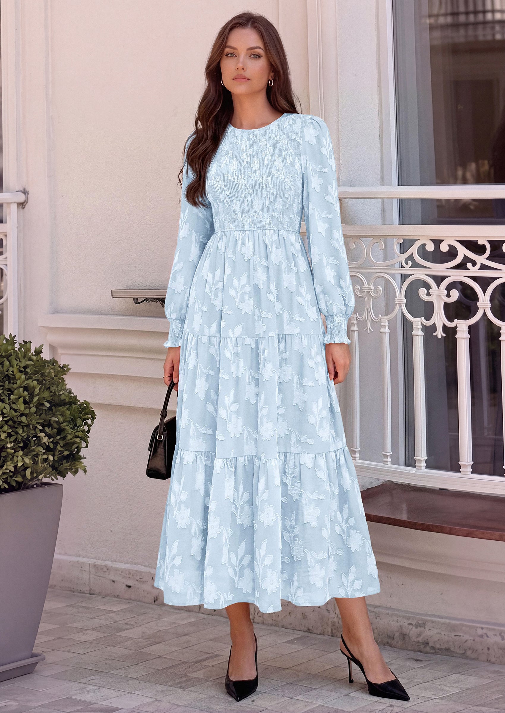 PRETTYGARDEN Fall Floral Long Sleeve Wedding Guest Dress for Women Pockets | Casual Textured Jacquard Smocked High Waist A-line Boho Flowy Midi Dress, Semi Formal Cocktail Dresses for Women 2026
