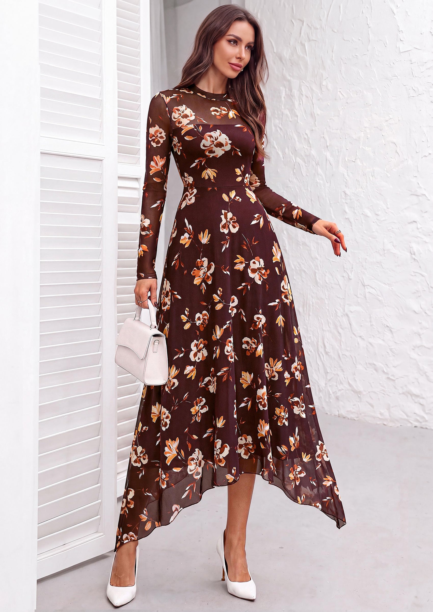 PRETTYGARDEN Women's Floral Mesh Midi Dress | Fall Wedding Guest Dresses, Sheer Long Sleeve, Mock Neck, A-line, Fit & Flare, Cocktail Holiday Party, Date Night Outfits