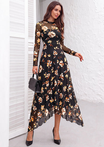 PRETTYGARDEN Women's Floral Mesh Midi Dress | Fall Wedding Guest Dresses, Sheer Long Sleeve, Mock Neck, A-line, Fit & Flare, Cocktail Holiday Party, Date Night Outfits