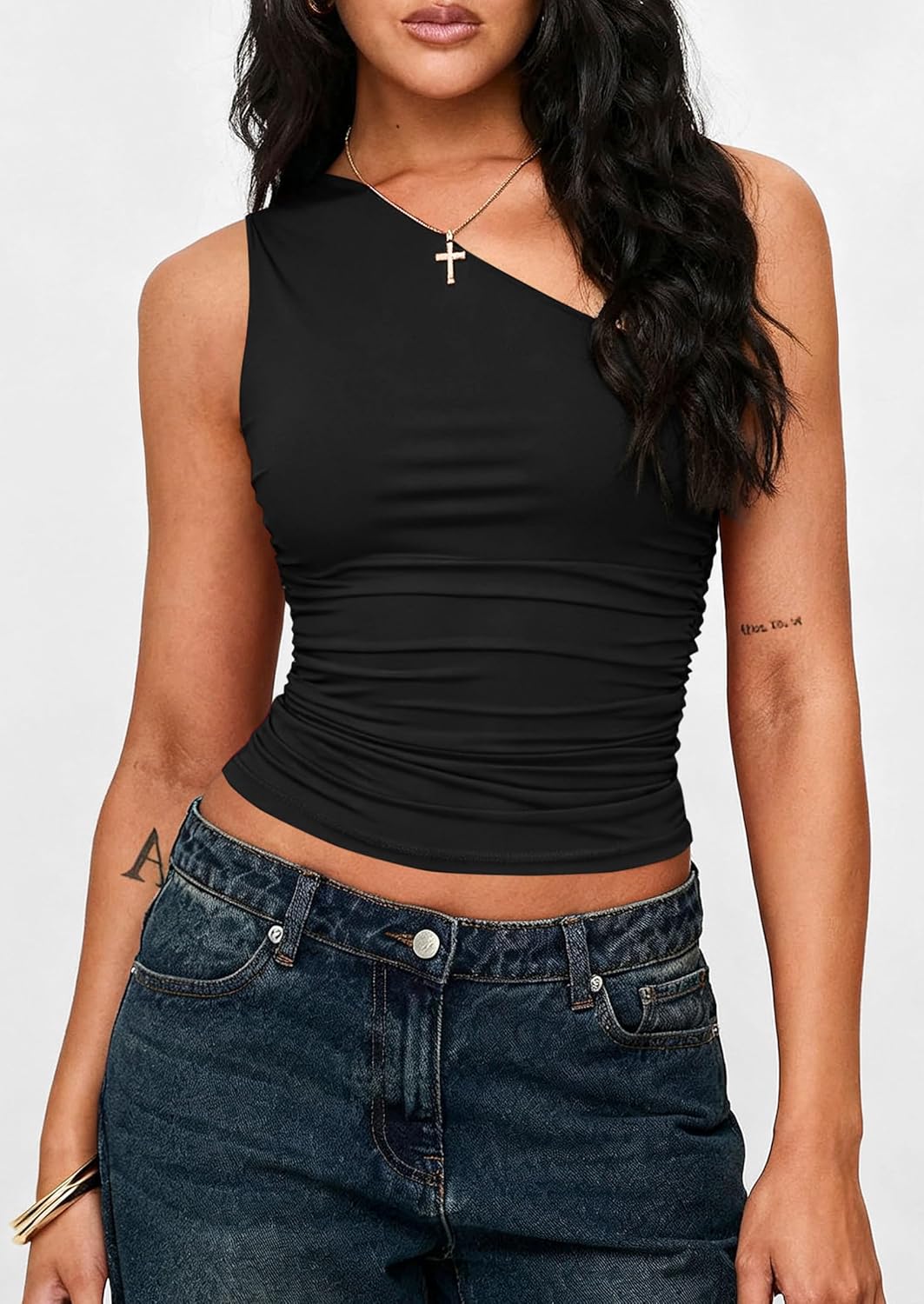 PRETTYGARDEN Womens Sleeveless One Shoulder Tank Top Ruched Slim Fit Shirts Basic Crop Y2k Tops 2026 Spring Fashion Clothing mysite