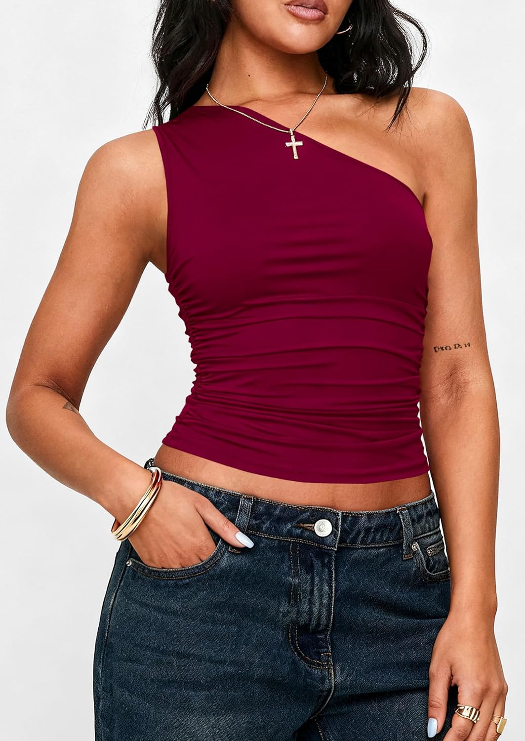 PRETTYGARDEN Womens Sleeveless One Shoulder Tank Top Ruched Slim Fit Shirts Basic Crop Y2k Tops 2026 Spring Fashion Clothing mysite