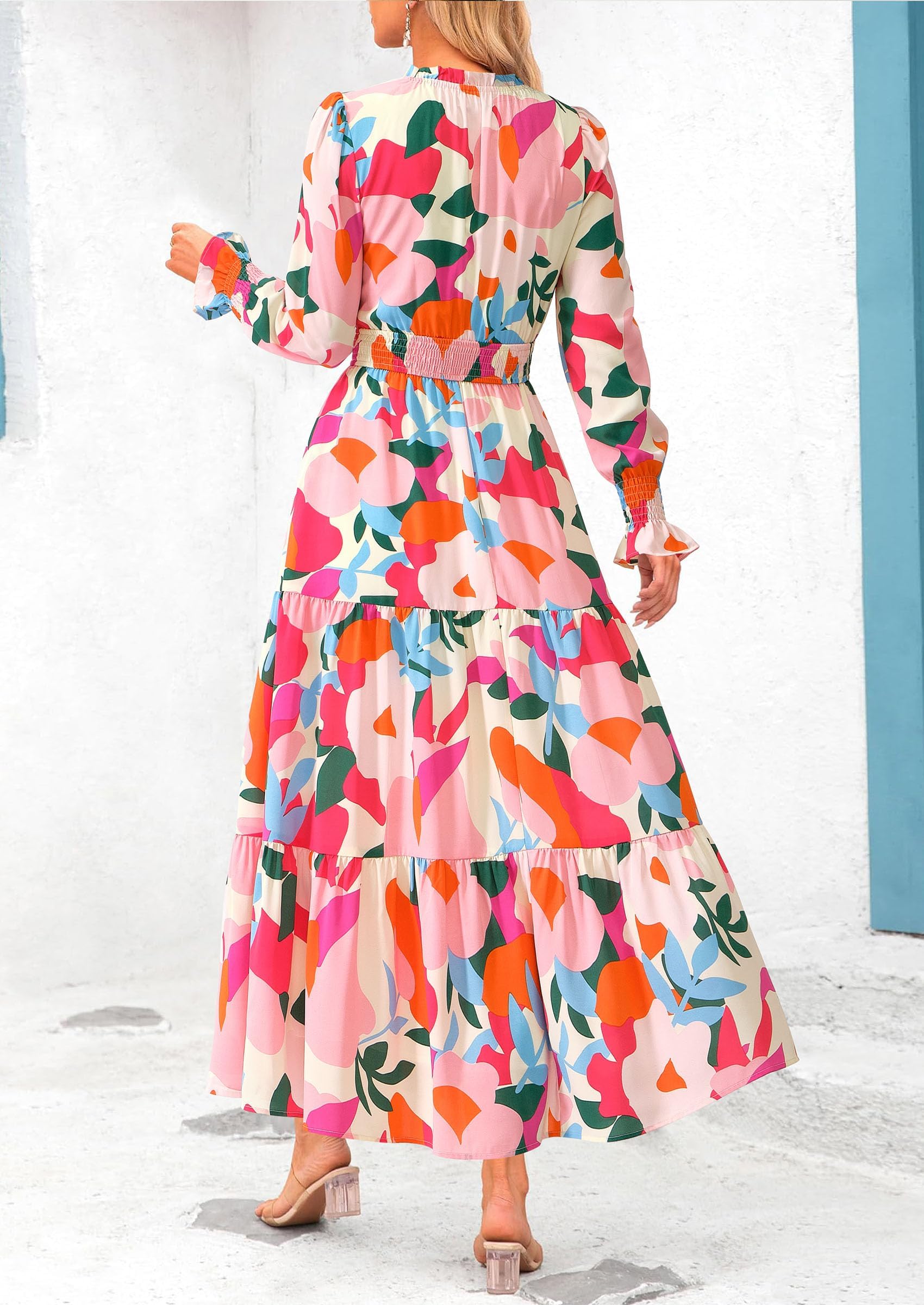 PRETTYGARDEN Women's Floral Maxi Dress Spring Long Sleeve V Neck Casual A Line Long Flowy Boho Party Dresses