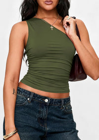 PRETTYGARDEN Womens Sleeveless One Shoulder Tank Top Ruched Slim Fit Shirts Basic Crop Y2k Tops 2026 Spring Fashion Clothing mysite