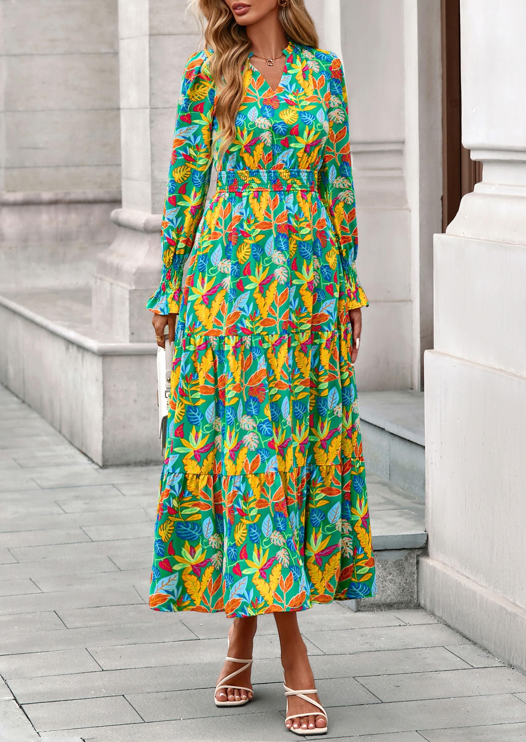 PRETTYGARDEN Women's Floral Maxi Dress Spring Long Sleeve V Neck Casual A Line Long Flowy Boho Party Dresses