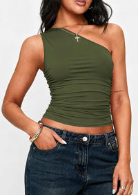 PRETTYGARDEN Womens Sleeveless One Shoulder Tank Top Ruched Slim Fit Shirts Basic Crop Y2k Tops 2026 Spring Fashion Clothing mysite