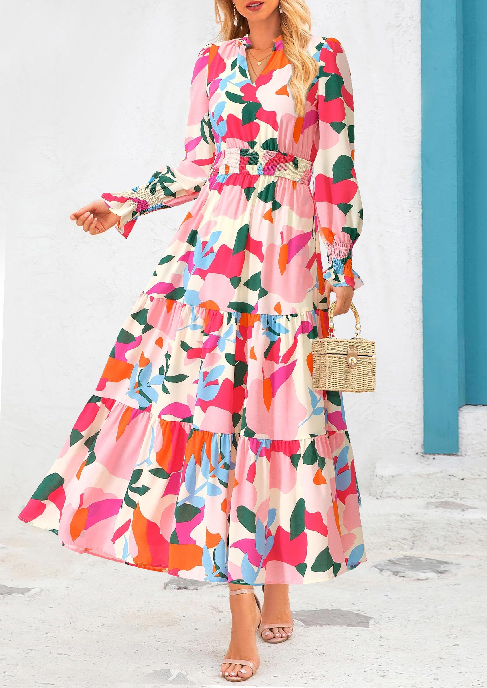 PRETTYGARDEN Women's Floral Maxi Dress Spring Long Sleeve V Neck Casual A Line Long Flowy Boho Party Dresses