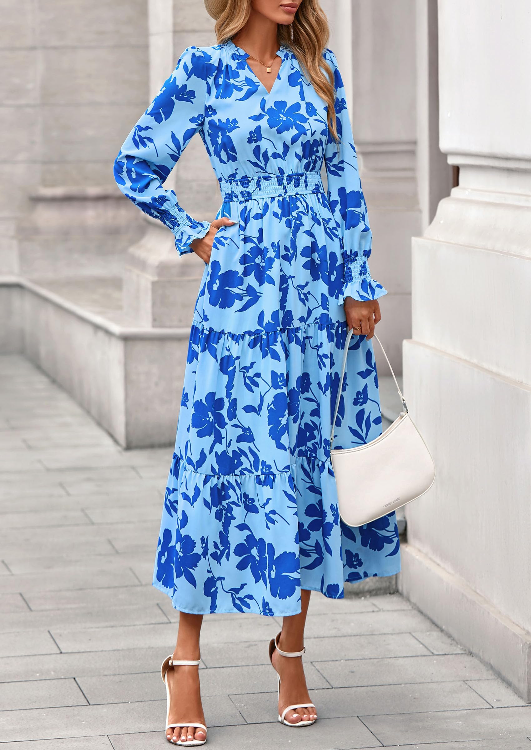 PRETTYGARDEN Women's Floral Maxi Dress Spring Long Sleeve V Neck Casual A Line Long Flowy Boho Party Dresses