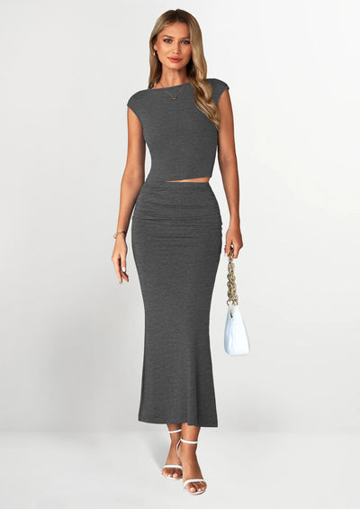 PRETTYGARDEN Summer 2 Piece Sets for Women Going Out Casual Cap Sleeve Crop Tops Ruched Maxi Long Skirts Spring Outfits