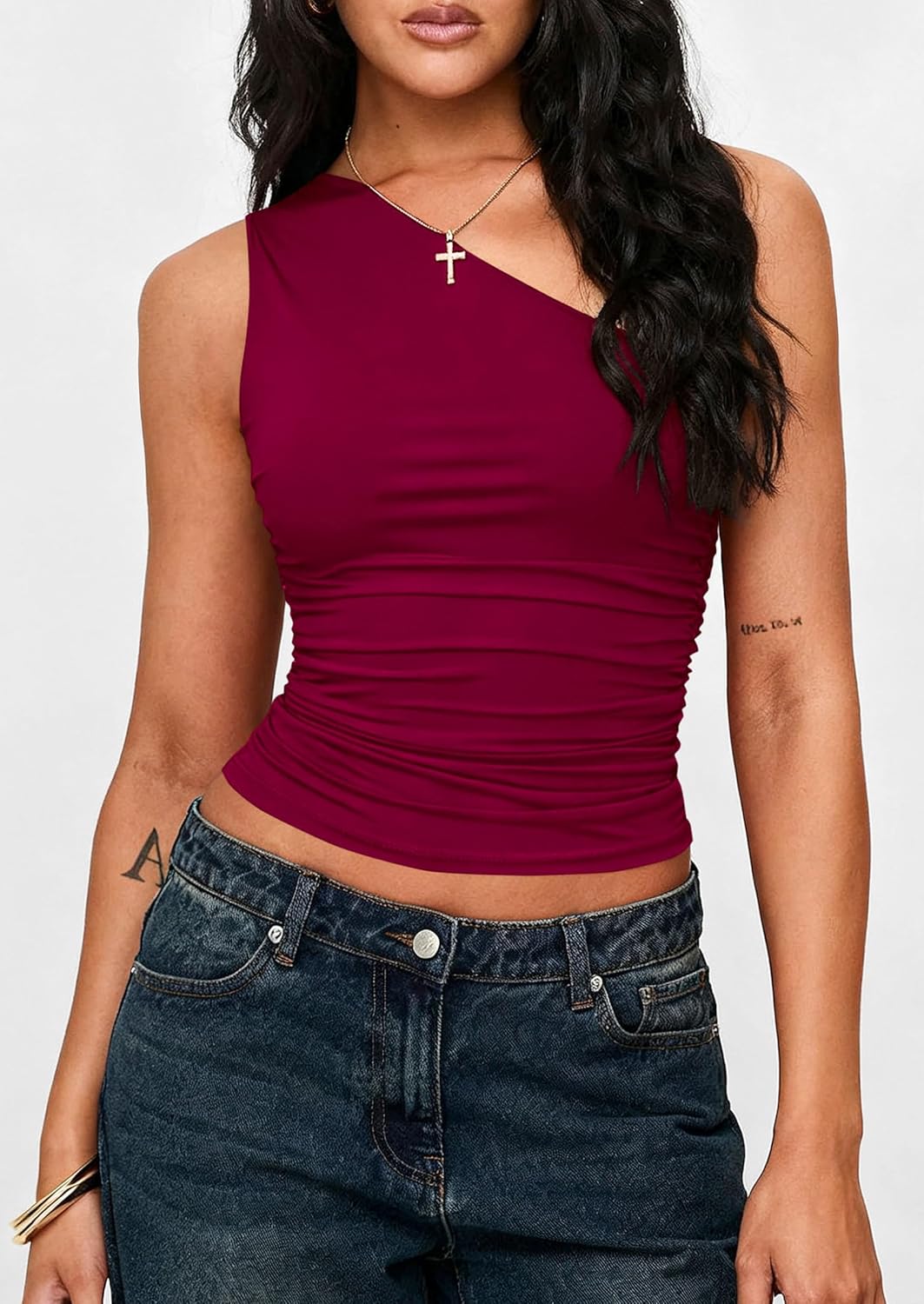 PRETTYGARDEN Womens Sleeveless One Shoulder Tank Top Ruched Slim Fit Shirts Basic Crop Y2k Tops 2026 Spring Fashion Clothing mysite