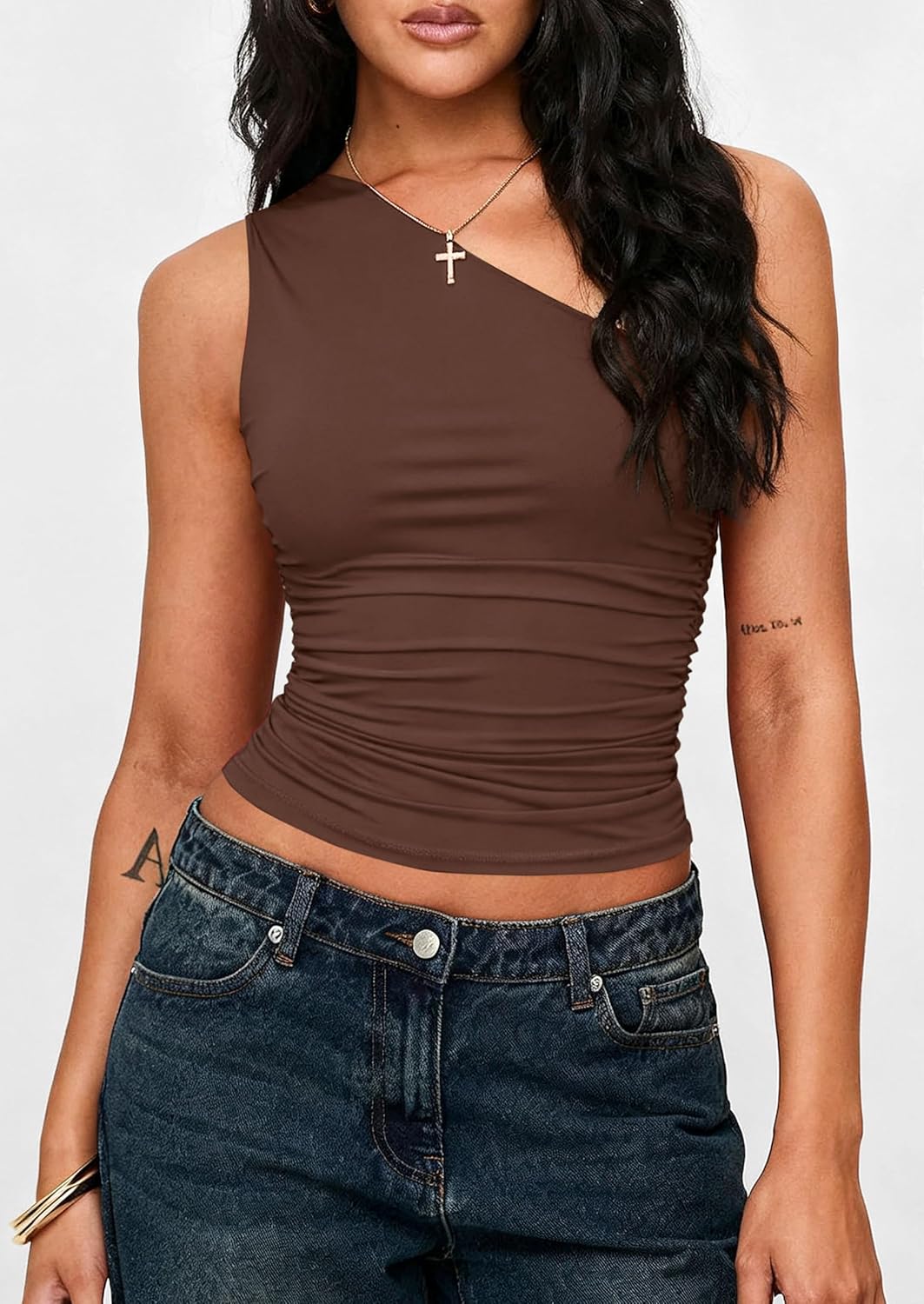 PRETTYGARDEN Womens Sleeveless One Shoulder Tank Top Ruched Slim Fit Shirts Basic Crop Y2k Tops 2026 Spring Fashion Clothing mysite