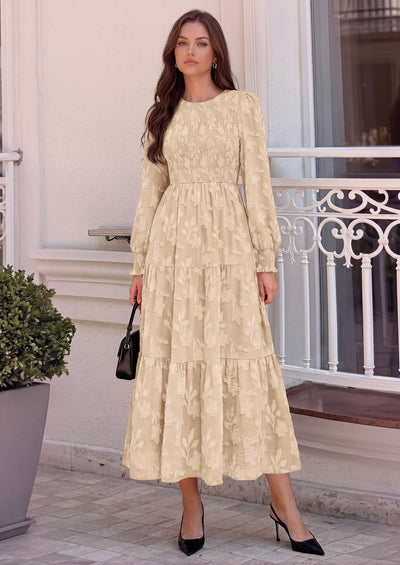 PRETTYGARDEN Fall Floral Long Sleeve Wedding Guest Dress for Women Pockets | Casual Textured Jacquard Smocked High Waist A-line Boho Flowy Midi Dress, Semi Formal Cocktail Dresses for Women 2026