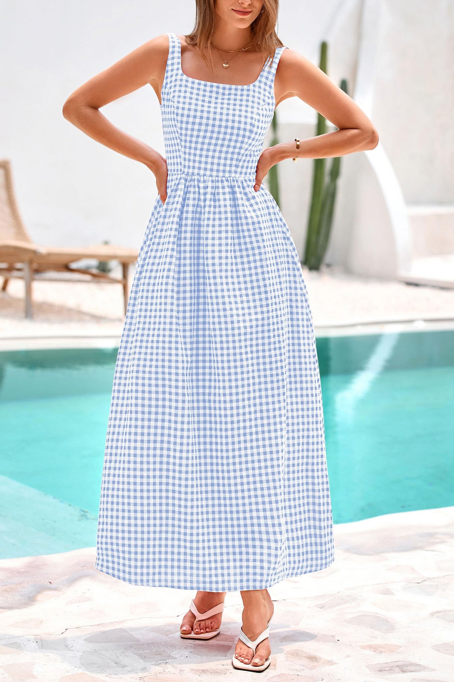 Women's Summer Spaghetti Strap Maxi Dresses Plaid Square Neck A Line Smocked Casual Vacation Long Sundress