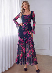 PRETTYGARDEN Womens Floral Long Sleeve Dress A Line Mesh Fall Maxi Dresses | Sheer Sleeve & Bell Cuffs, Lined, High Waist & Tiered Ruffle, Square Neck, Flowy Boho Dress, Cocktail Wedding Guest Dresses