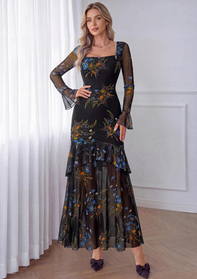 PRETTYGARDEN Womens Floral Long Sleeve Dress A Line Mesh Fall Maxi Dresses | Sheer Sleeve & Bell Cuffs, Lined, High Waist & Tiered Ruffle, Square Neck, Flowy Boho Dress, Cocktail Wedding Guest Dresses