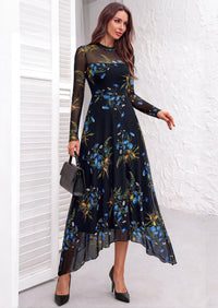 PRETTYGARDEN Women's Floral Mesh Midi Dress | Fall Wedding Guest Dresses, Sheer Long Sleeve, Mock Neck, A-line, Fit & Flare, Cocktail Holiday Party, Date Night Outfits