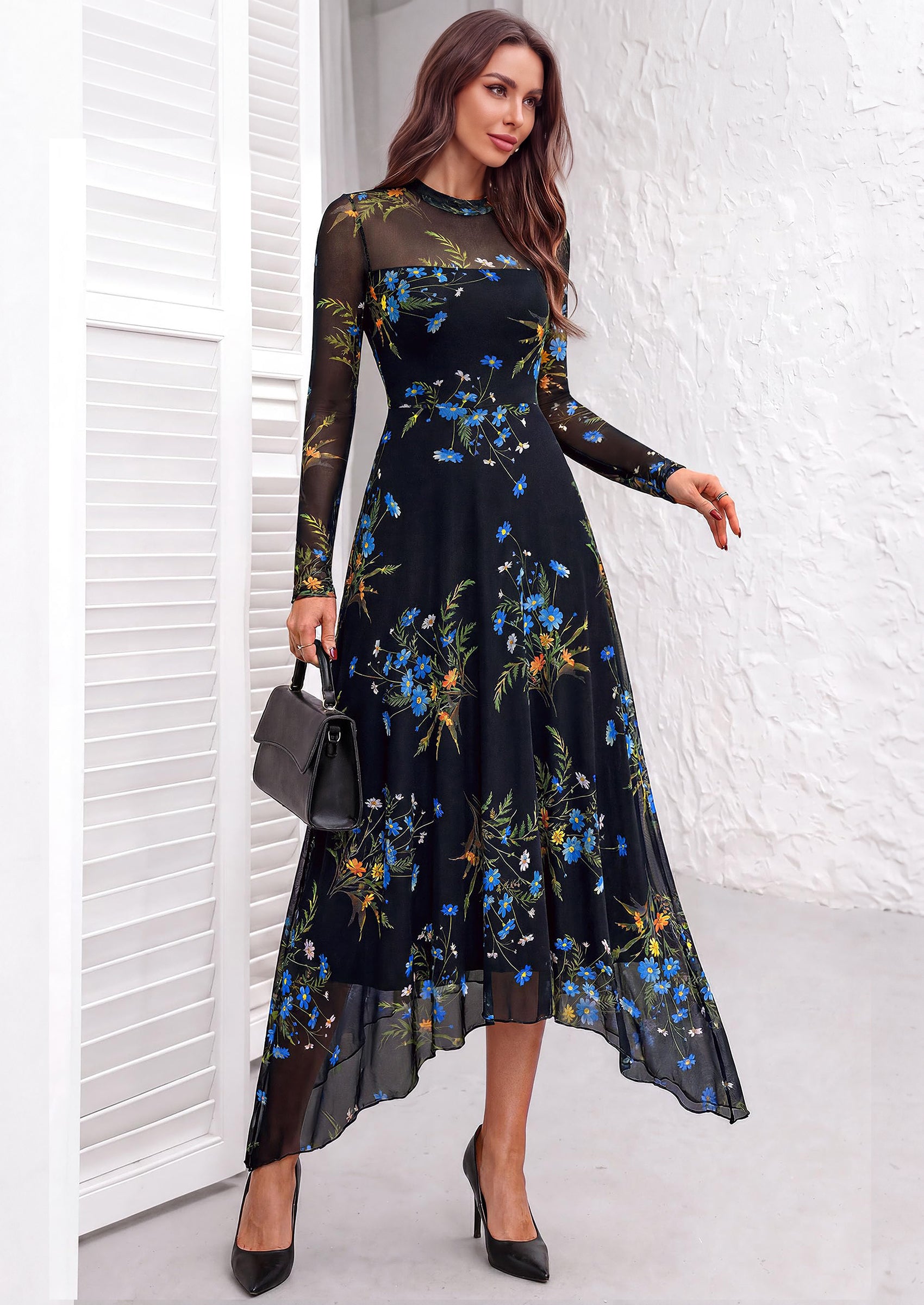 PRETTYGARDEN Women's Floral Mesh Midi Dress | Fall Wedding Guest Dresses, Sheer Long Sleeve, Mock Neck, A-line, Fit & Flare, Cocktail Holiday Party, Date Night Outfits